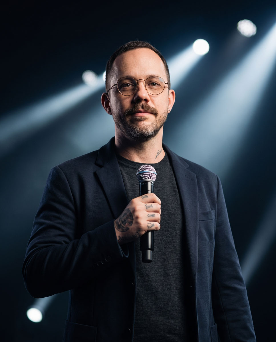 Andre Raittz no palco, dentro da forma do símbolo AR