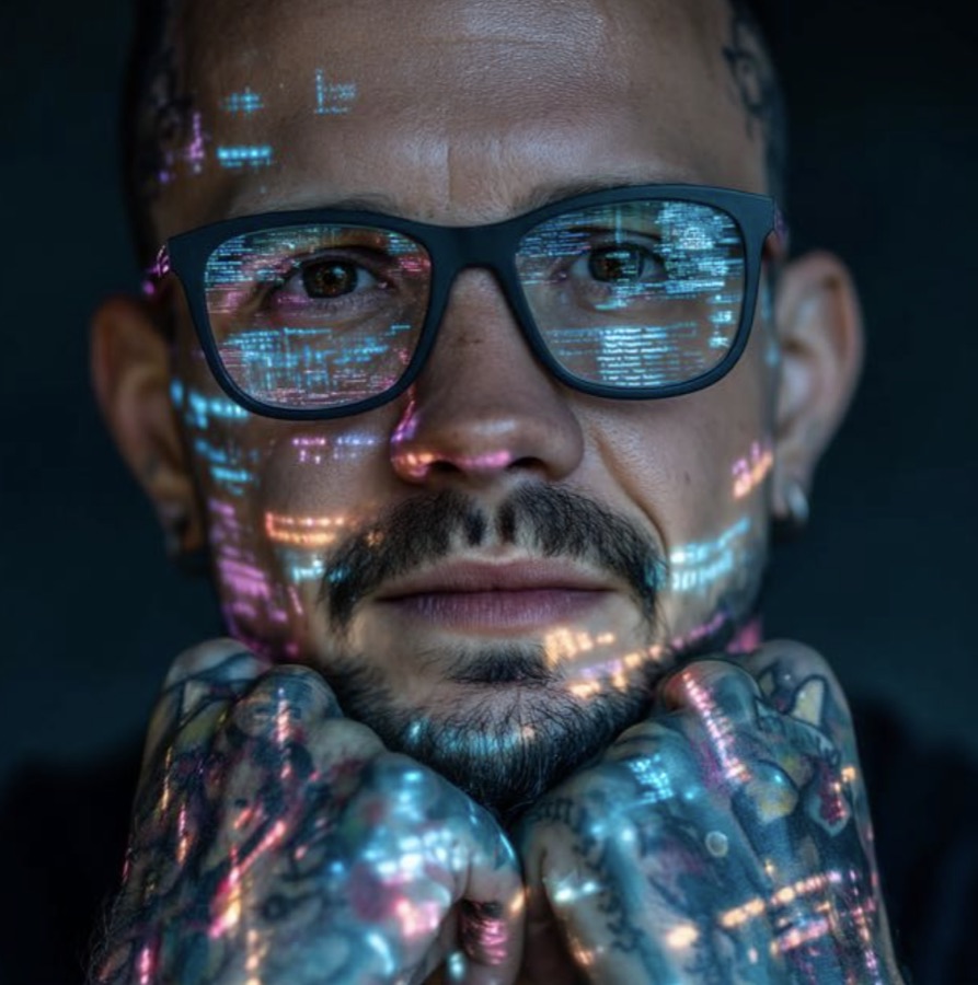 Andre Raittz de perfil diante de uma projeção